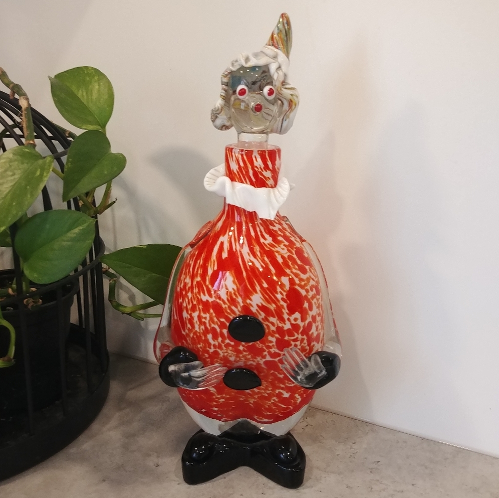 Vintage Murano Art Glass Clown Decanter & Stopper, Red Swirl, Barware Kitsch